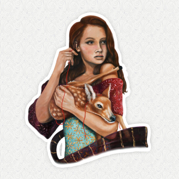 Girl Stealing a Fawn Sticker - 4"