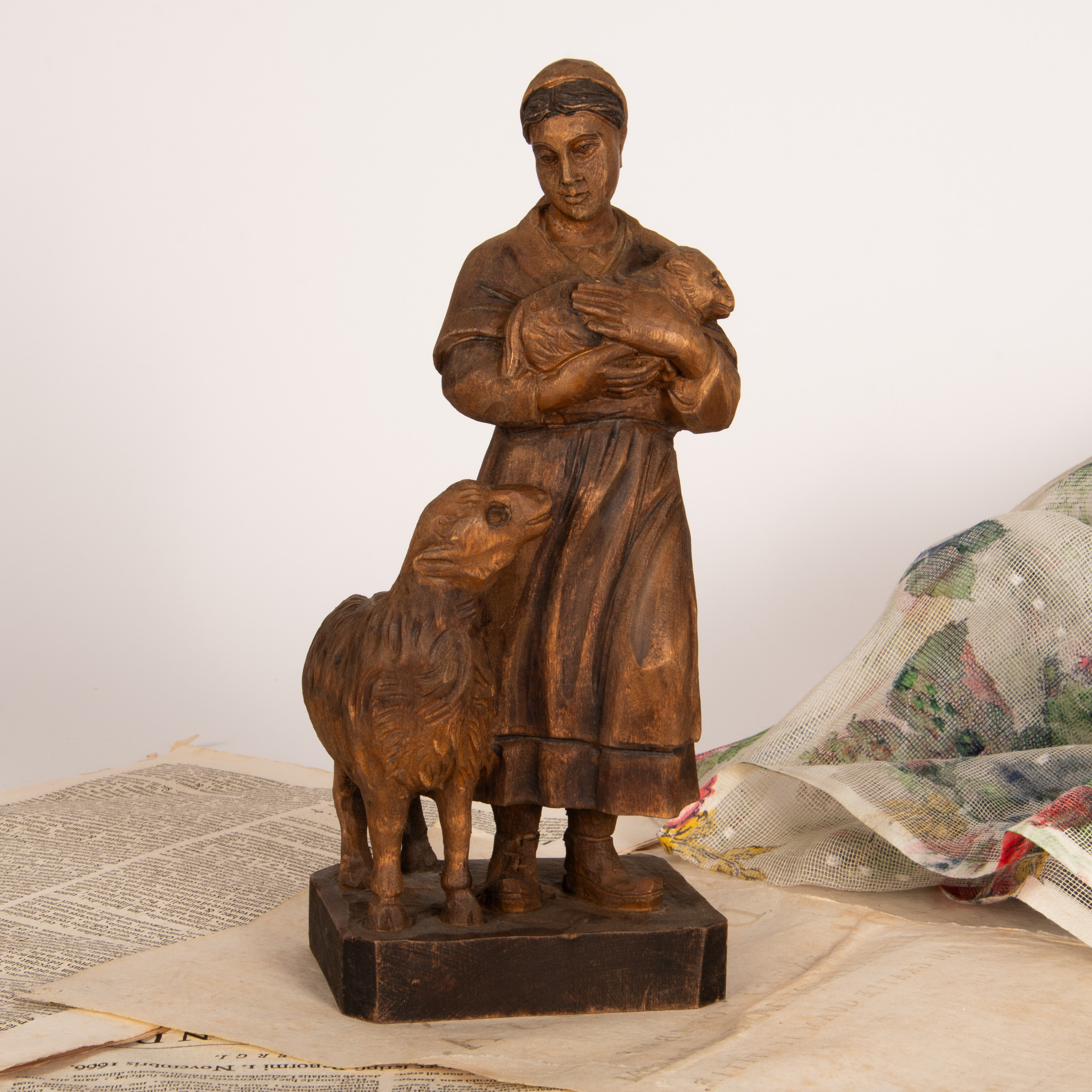 Wood Carved Shepherdess with Sheep from Spain