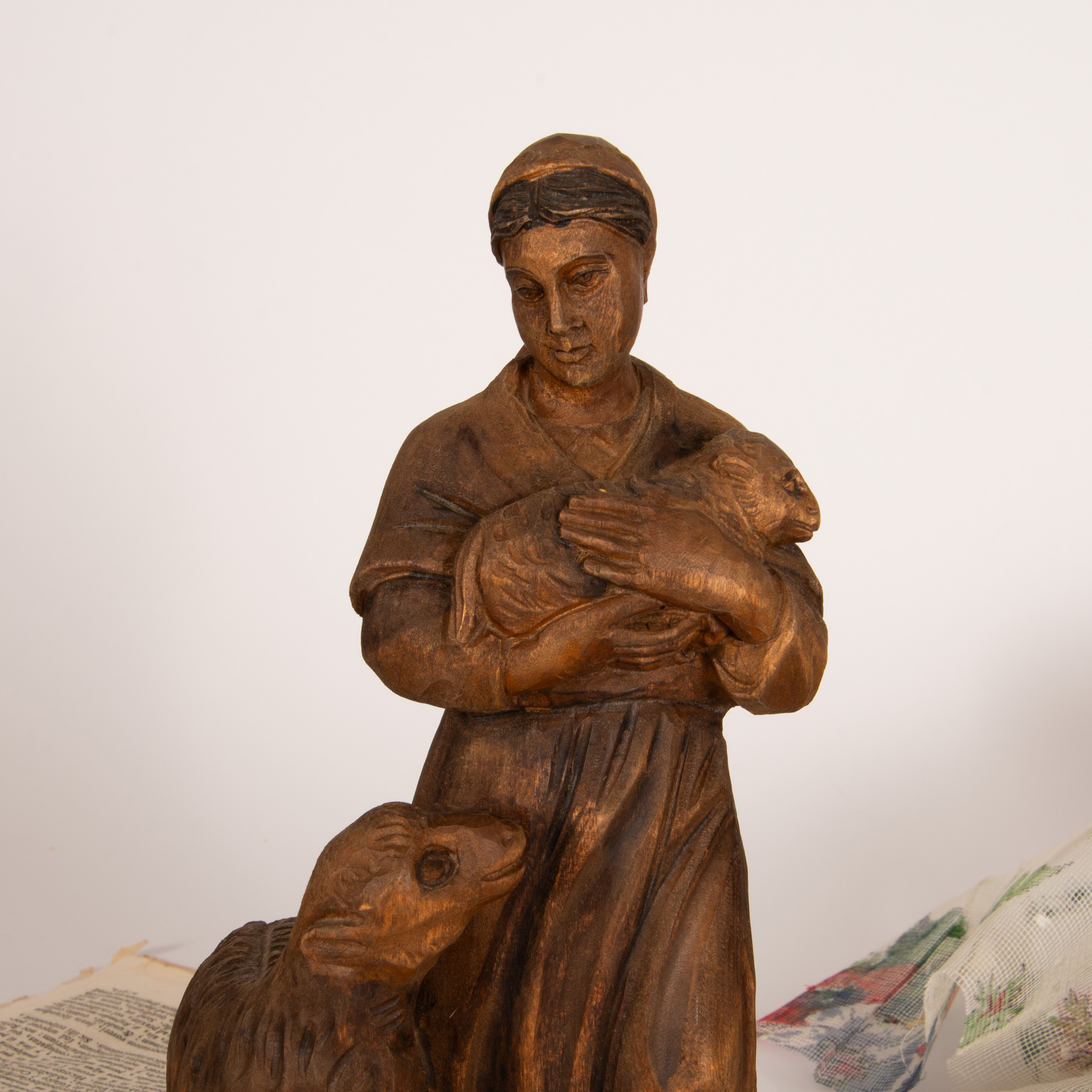 Wood Carved Shepherdess with Sheep from Spain - Image 2